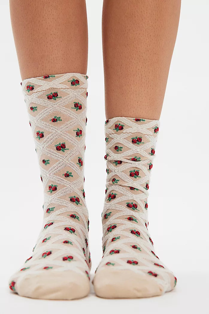Floral Jacquard Trouser Socks in Ivory
