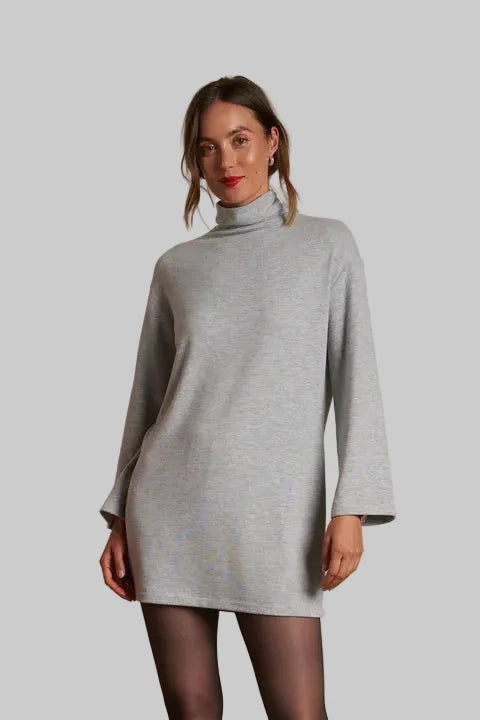 Anette Heather Grey Brushed Sweater Jersey Mock Neck Mini Dress