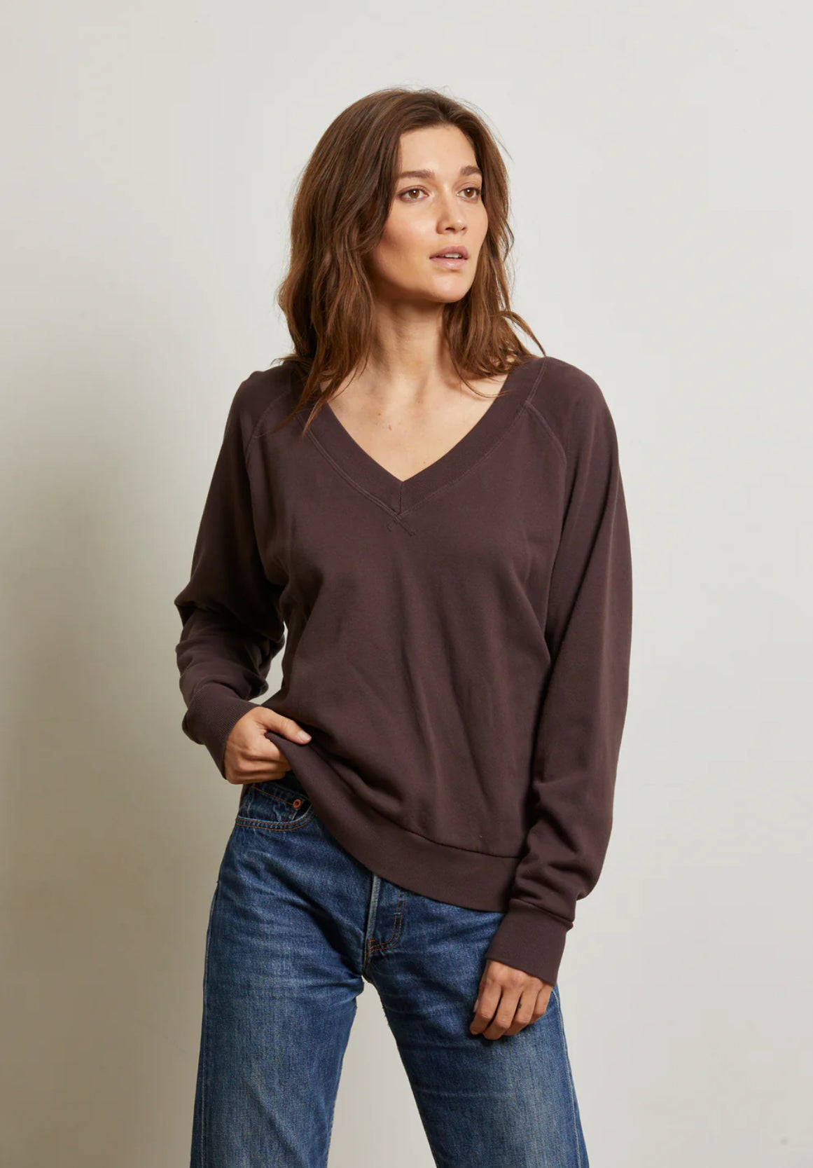 Terry V-Neck Sweatshirt in Cocoa Powder