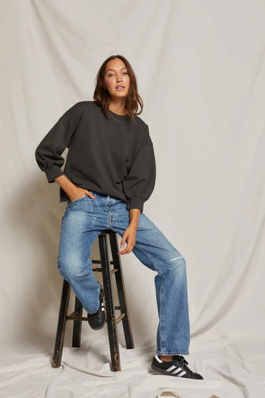 Bubble Sleeve Fleece Pullover in Vintage Black